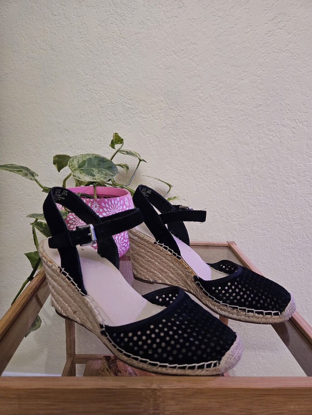 Franco Sorto Black Espadrille Wedge Sandals with Ankle Strap Sz 6